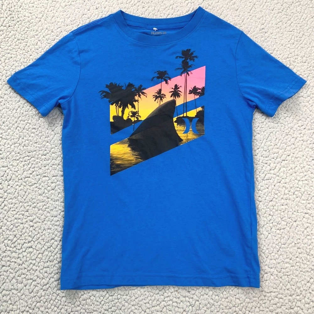 Hurley Graphic T-Shirt Boys L (10/12) Blue Shark Palm Tree Sunset Short Sleeve